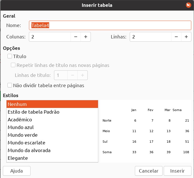 Adicionar tabela ao documento