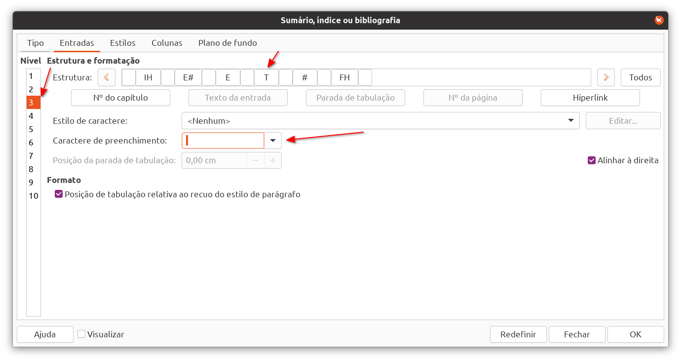 Alterando a parada de tabulação das entradas do sumário