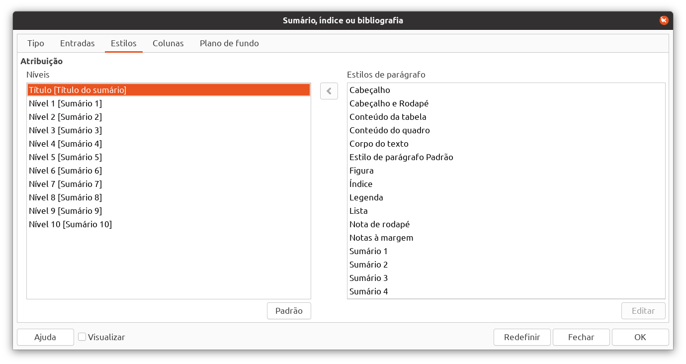 Estilos para entradas do sumário