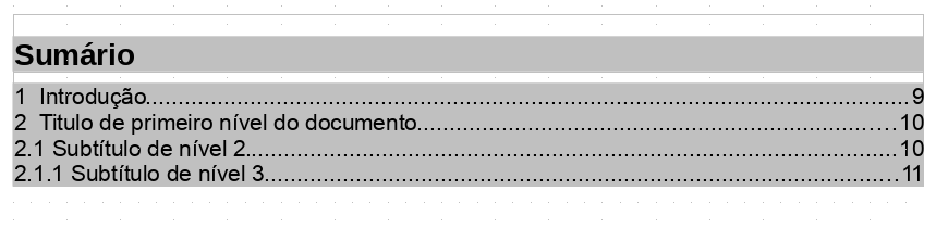 Formato padrão do sumário inserido no documento