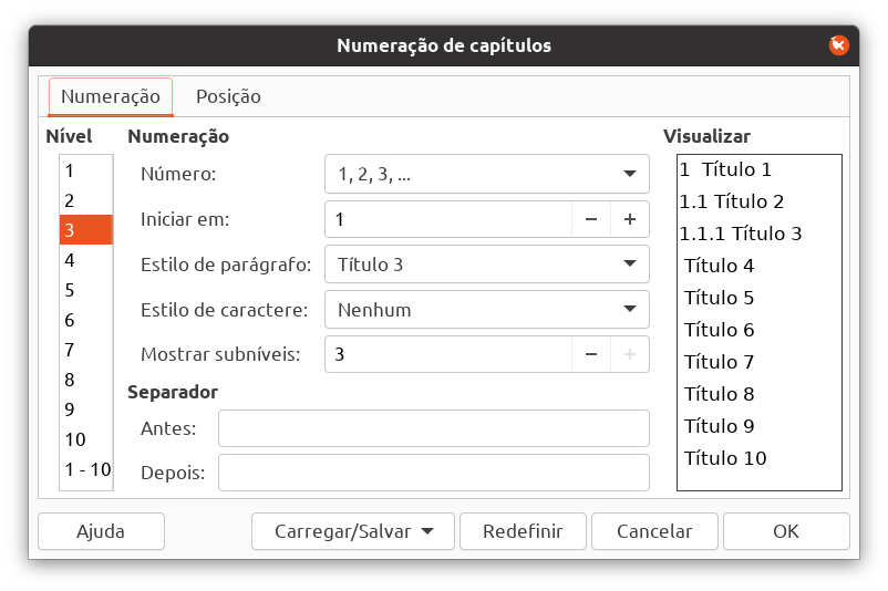 Numeração de capítulos.