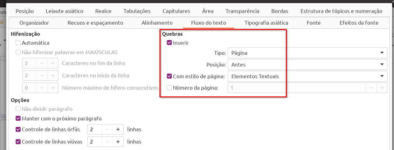 Fluxo do texto para título de primeiro nível