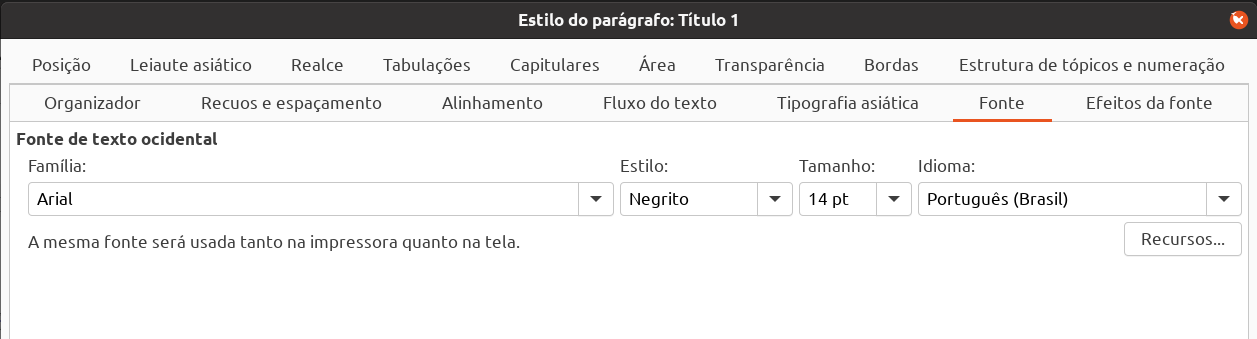 Configuração de fonte para título de primeiro nível