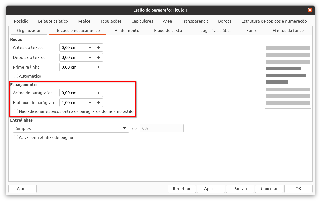 Configurar o espaçamento após o parágrafo.