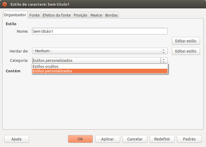 Janela de configuração de estilos de caractere do LibreOffice Writer