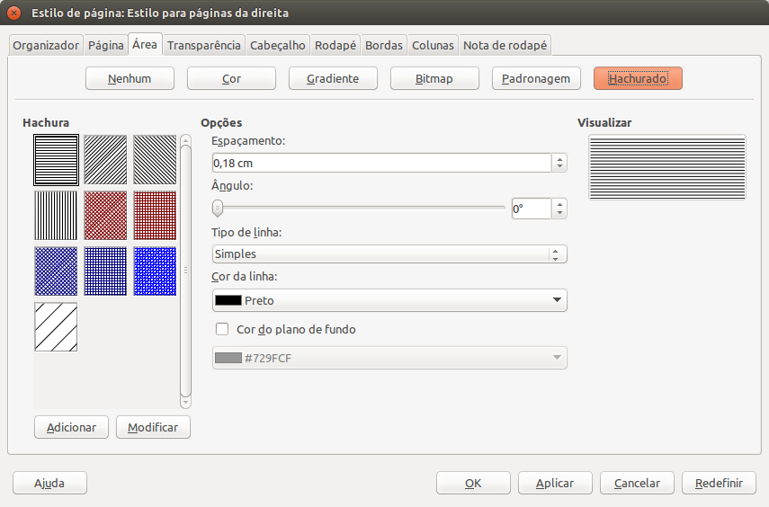 Janela de configuração de estilos de página do LibreOffice Writer: aba Área