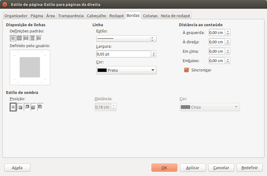 Janela de configuração de estilos de página do LibreOffice Writer: aba Borda