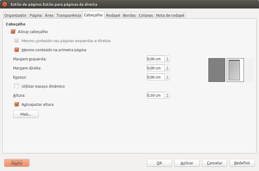 Janela de edição de estilos de página do LibreOffice Writer: Aba Cabeçalho