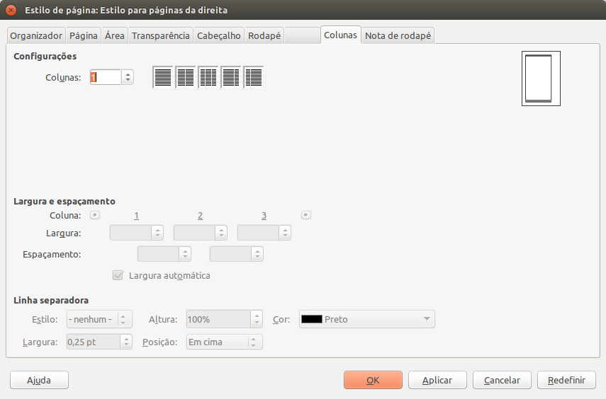 Janela de configuração de estilos de página do LibreOffice Writer: aba Coluna