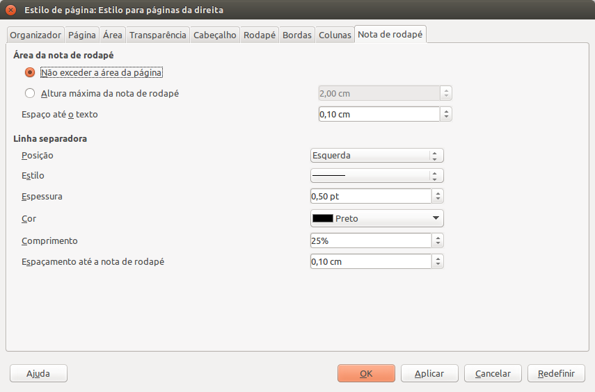 Janela de configuração de estilos de página do LibreOffice Writer: aba Notas de Rodapé