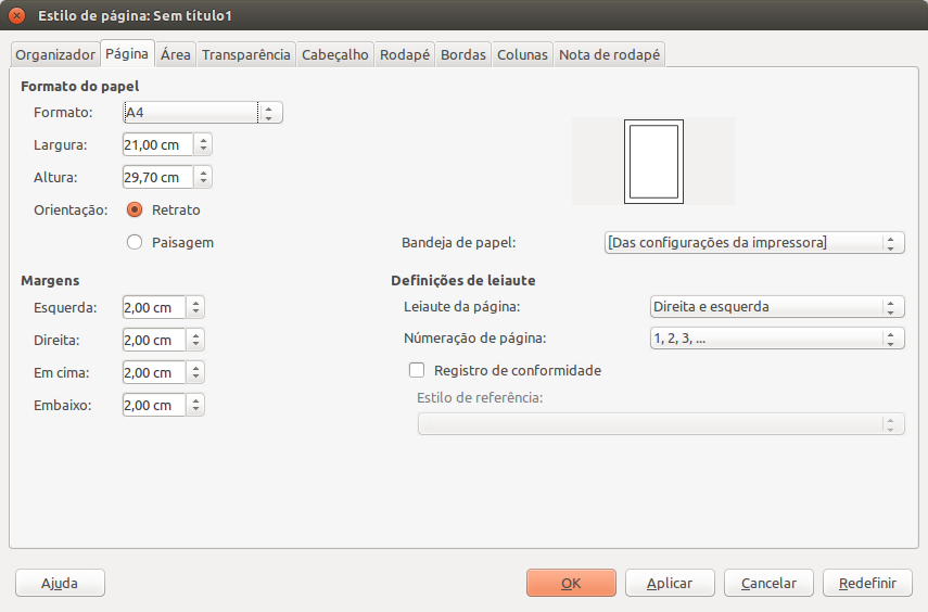 Janela de edição de estilos de página do LibreOffice Writer: aba Página