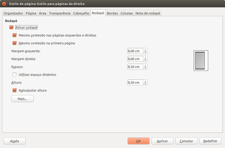 Janela de edição de estilos de página do LibreOffice Writer: Aba Rodapé