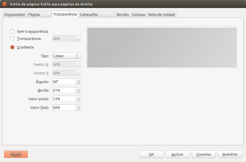 Janela de configuração de estilos de página do LibreOffice Writer: aba Transparência