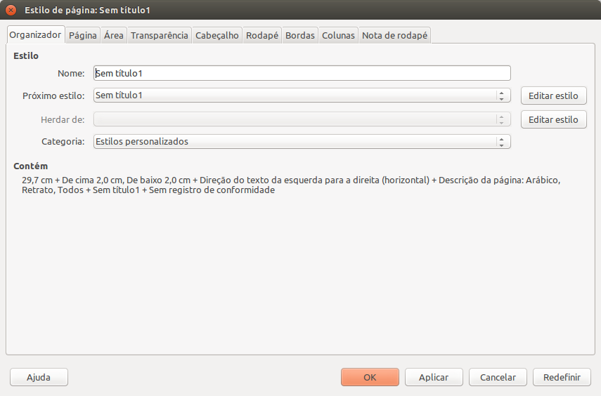 Janela de configuração de estilos de página do LibreOffice Writer.