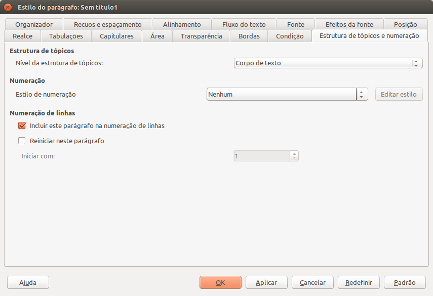 Janela de edição de estilos de parágrafo do LibreOffice Writer: aba Estrutura de Tópicos.