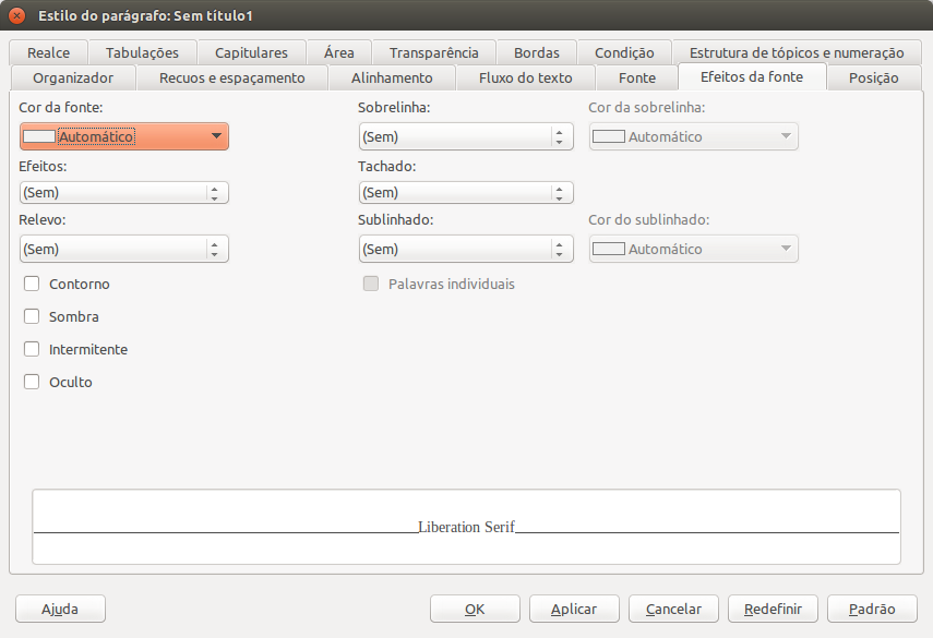 Janela de edição de estilos de parágrafo do LibreOffice Writer: aba Efeitos da Fonte.