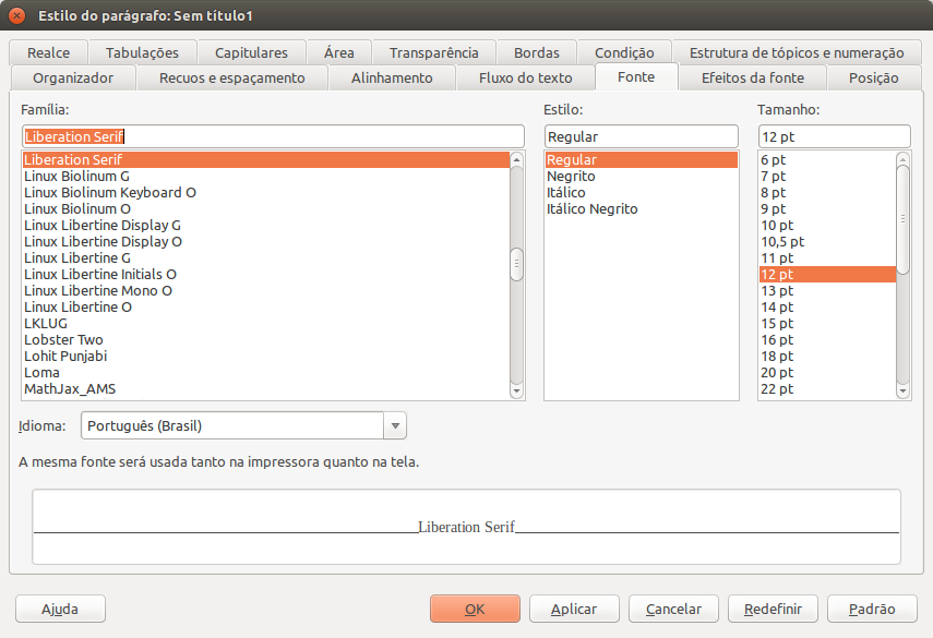 Janela de edição de estilos de parágrafo do LibreOffice Writer: aba Fonte