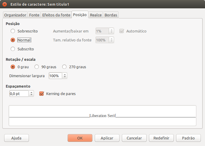 Janela de edição de estilos de parágrafo do LibreOffice Writer: aba Posição.