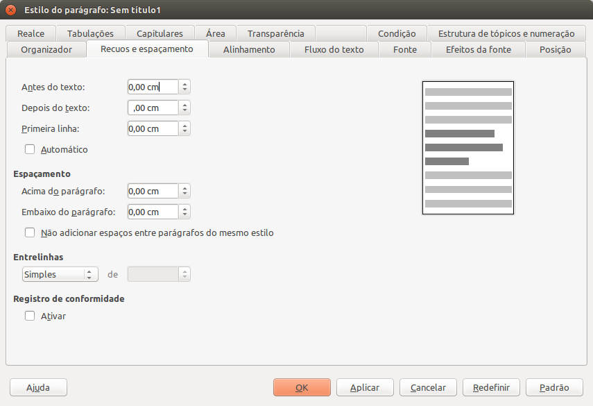 Janela de edição de estilos de parágrafo do LibreOffice Writer: aba Recuos e Espaçamento
