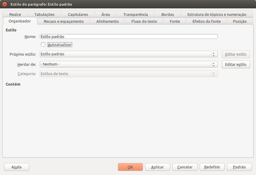 Janela de edição de estilos de parágrafo do LibreOffice Writer
