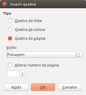 Estilos de página: Aba página e janela de inserção de quebras no documento.