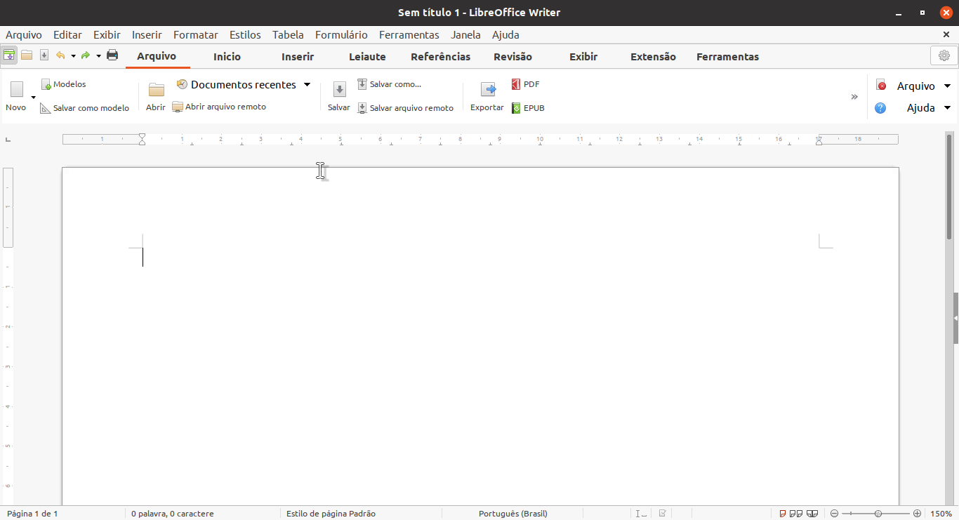 Tela inicial do LibreOffice Writer, exibição em Abas