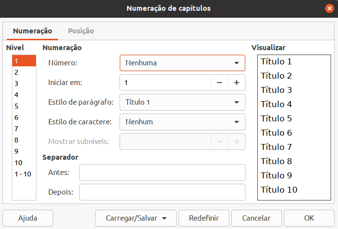 Janela de configuração de numeração de capítulos do LibreOffice Writer